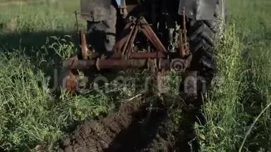 拖拉机<strong>驶过</strong>马铃薯田。 用拖拉机收割土豆。